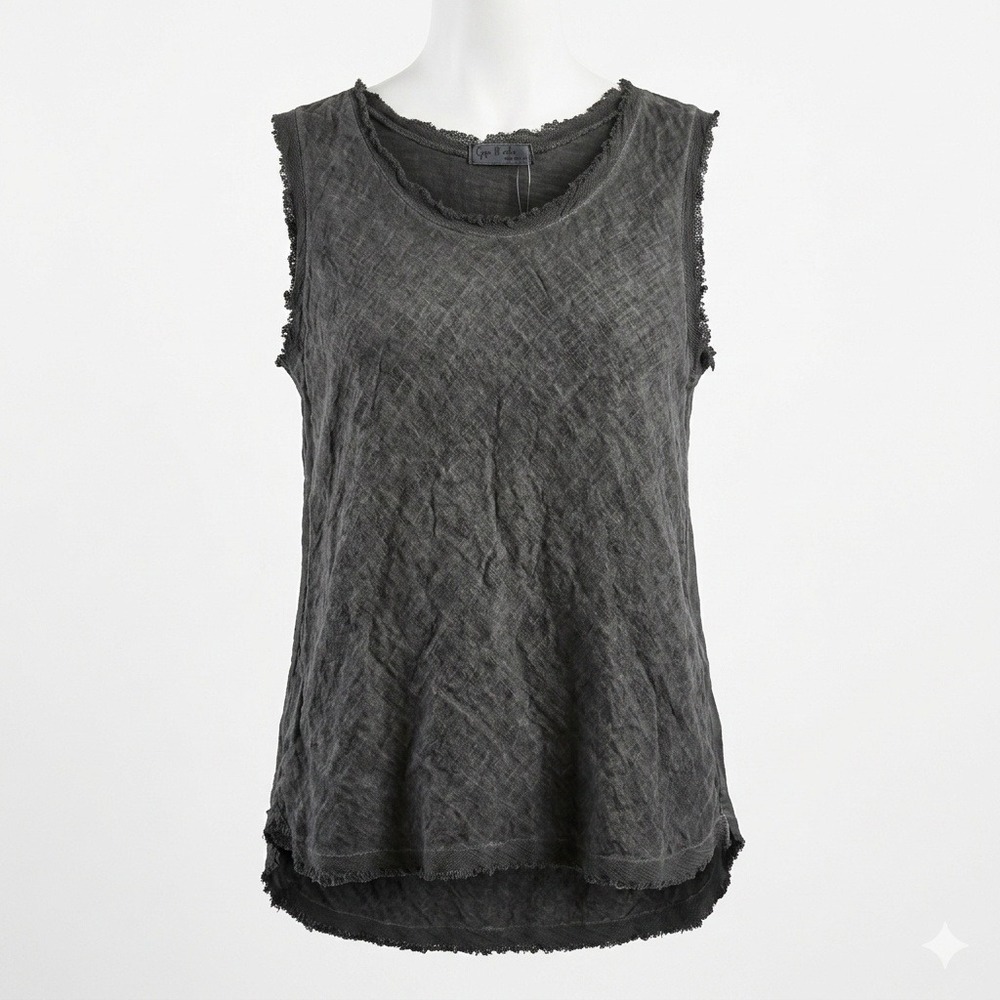 Gigi Moda Italy Linen Cotton Scoop Neck Raw Edge Tank Top Charcoal Gray One Size